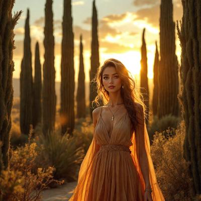 The primary subject of the image is a woman wearing a dress, standing in a desert-like environment with cacti in the background. The setting appears to be a sunset, creating a warm and serene atmosphere. The visual style of the image is a photo, capturing the woman and her surroundings in a natural and realistic manner. The colors in the image are predominantly warm and earthy tones, such as oranges, yellows, and browns, which contribute to the overall mood of